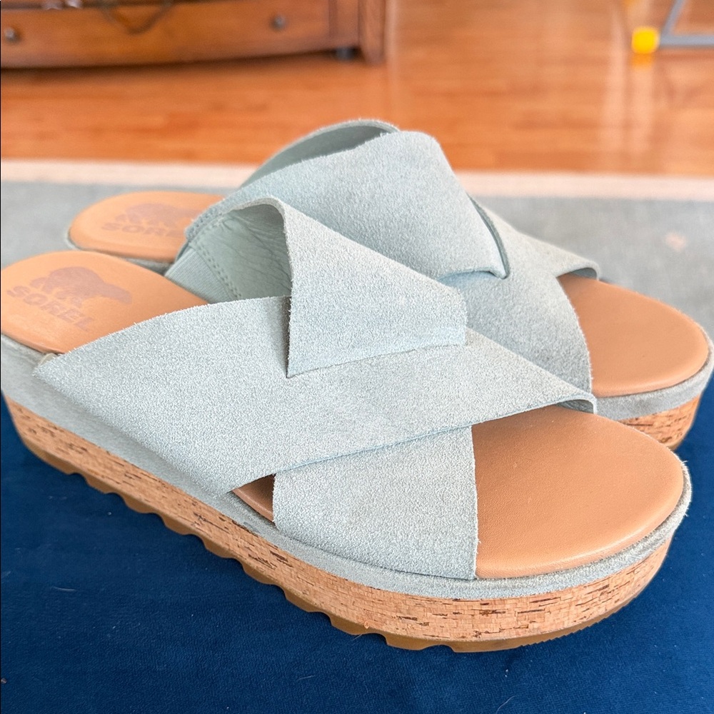 Sorel Light Blue Suede Platform Sandals